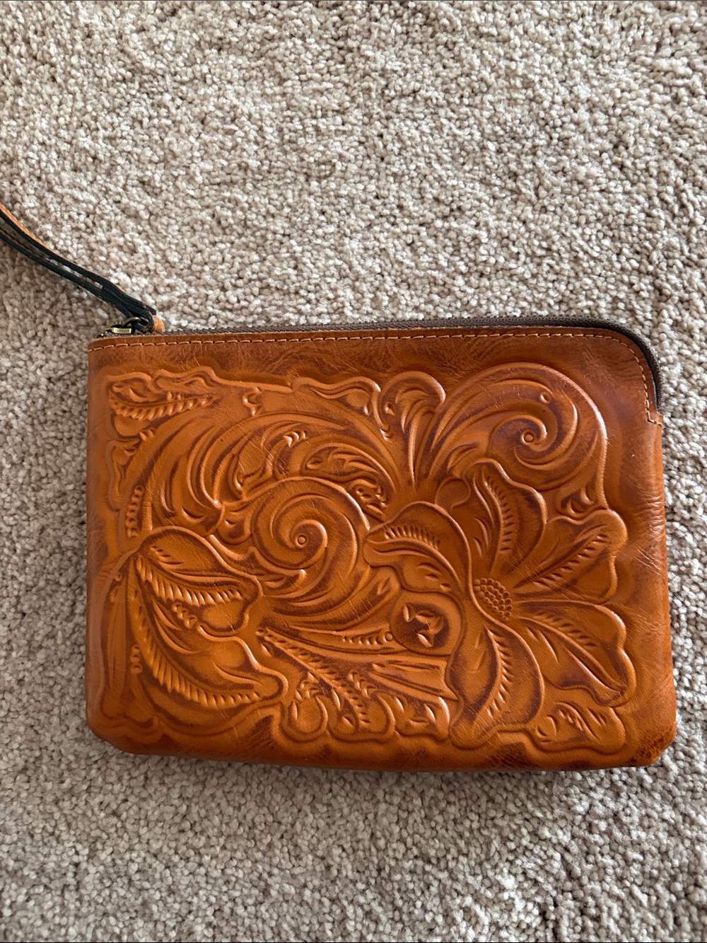 Patricia Nash Leather Wristlet Clutch in Warm Cognac like new 9” long 7 “tall